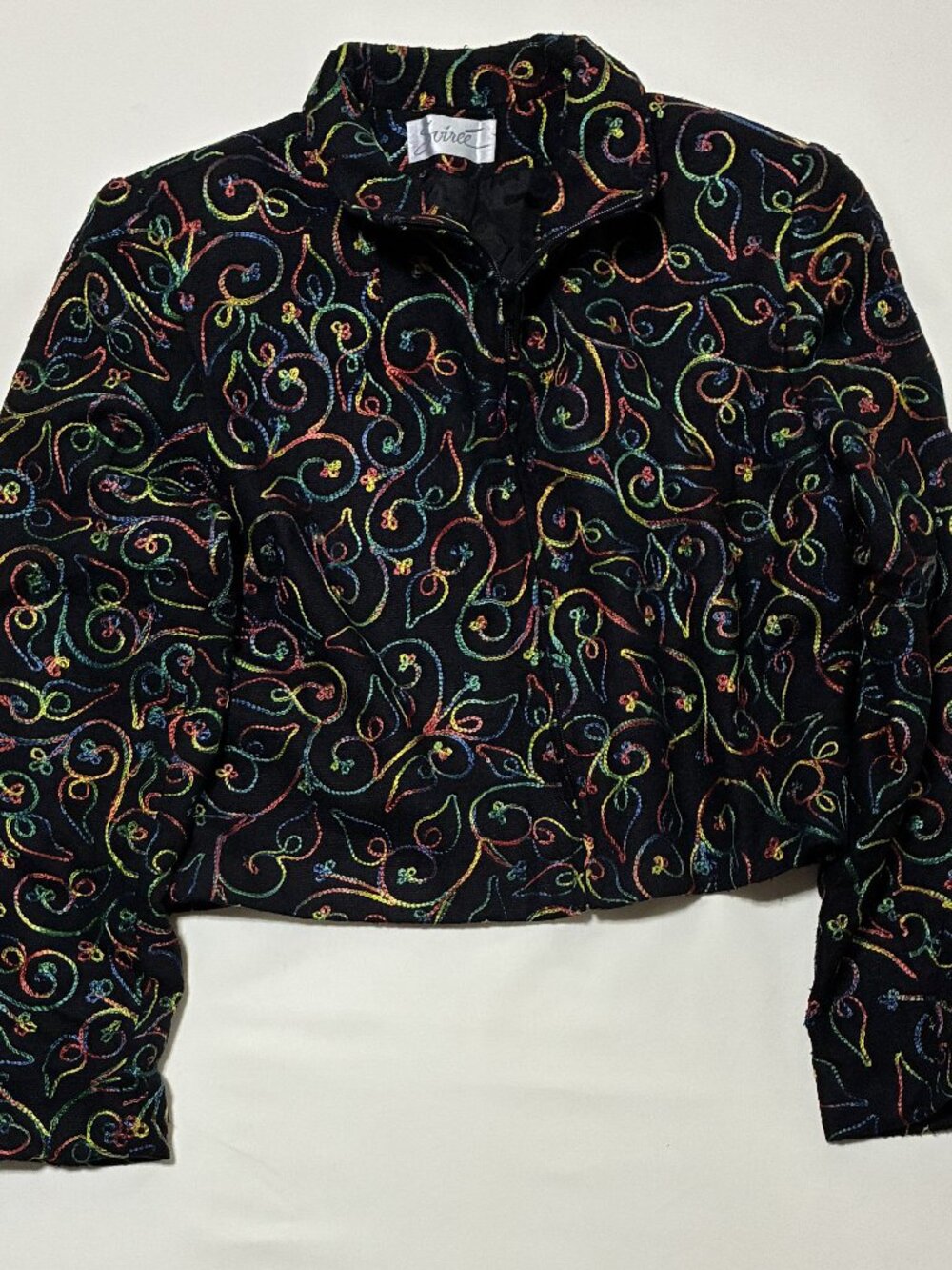 Soiree Black Jacket; Rainbow Paisley/Floral; 100% Handwoven Silk; Size Medium